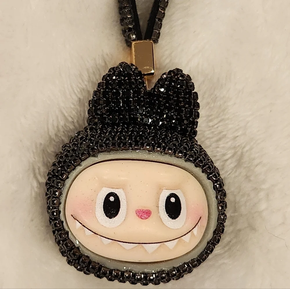 Labubu Black Rhinestone Keychain with Gold Ring Bag Charm